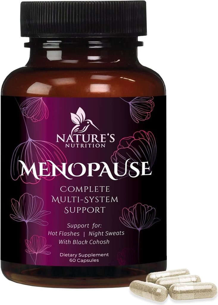 Suppléments de ménopause pour les femmes avec Cohosh Noir - Flash chaud et Hormone Soutien pour les femmes, Vitamines naturelles de soulagement de la ménopause Soutien doux et équilibre nuit, sans OGM et sans gluten - 60 capsules