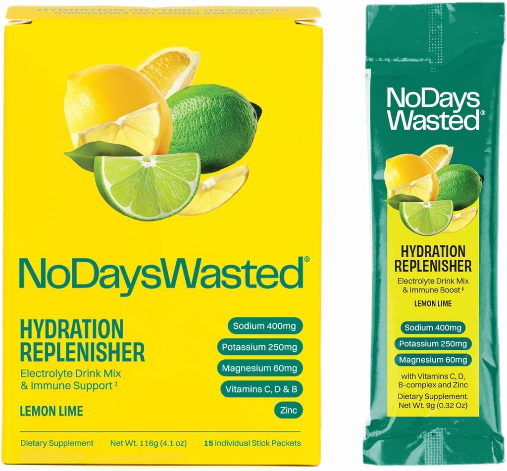 No Days Wasted Hydratation Repleniser 15 Compte - Mélange de poudre d'électrolyte - Citron Lime - Sodium et potassium pour réhydrater plus de vitamines pour soutenir (15 Compte)