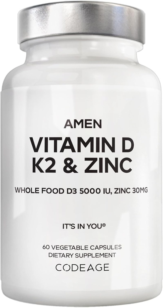 Amen Vitamine D, K2 & Zinc, Cholecalciferol D3 5000 UI, Mélange d'aliments organiques entiers avec pomme, bleuet, canneberge, fruits en poudre de mûre aînée, supplément végétalien, vitamine D3 K2, non-OGM - 60 capsules