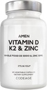 Amen Vitamine D, K2 & Zinc, Cholecalciferol D3 5000 UI, Mélange d'aliments organiques entiers avec pomme, bleuet, canneberge, fruits en poudre de mûre aînée, supplément végétalien, vitamine D3 K2, non-OGM - 60 capsules