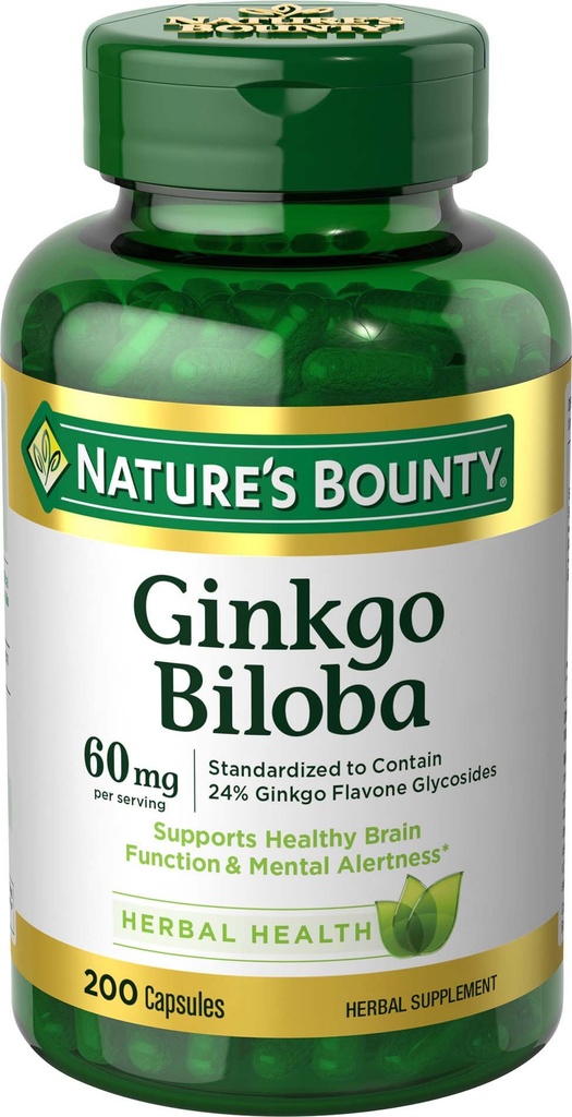 Nature's Bounty Ginkgo Biloba, soutient la fonction cérébrale saine, supplément à base de plantes, 60 Mg, 200 Capsules
