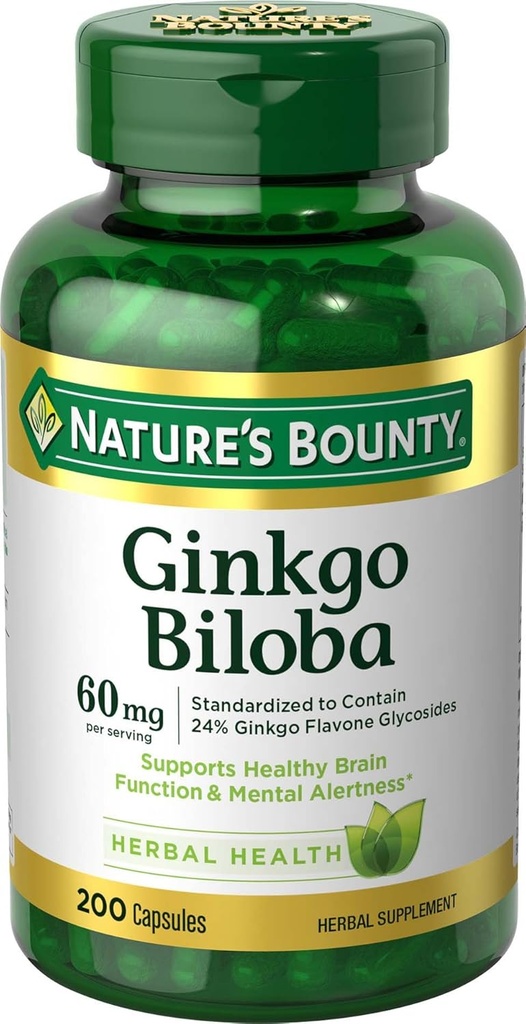 Nature's Bounty Ginkgo Biloba, Supports Healthy Brain Function, Herbal Supplement, 60 Mg, 200 Capsules