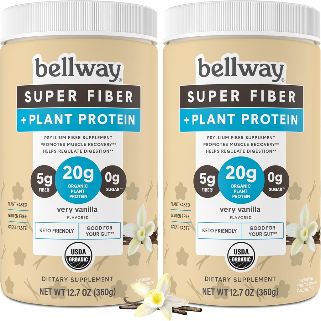 Poudre Super Fibre de Bellway + Protéines (2 Pack), Supplément de Fibre de Psyllium Bio sans Sucre avec 20g de protéines végétales par portion, très vanille, 24,14 oz