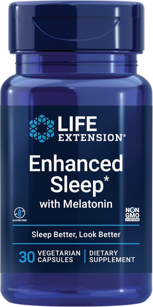 Life Extension Enhanced Sleep with Melatonin - Melatonin Sleep Supplement for Restful Sleep and Healthy Skin & More – Gluten-Free, Non-GMO, Vegetarian – 30 Capsules