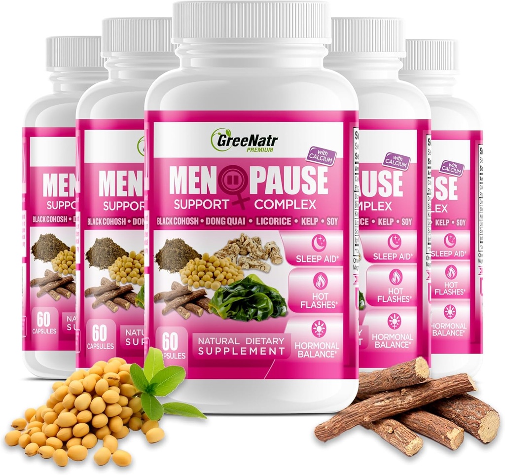 Complexe de soutien à la ménopause à base de plantes GreeNatr pour les flashs chauds, les sueurs nocturnes et le soulagement des balançoires. Promotion de niveaux équilibrés d'hormone - Black Cohosh, Dong Quai, Licorice Root & Kelp Leaves (6 bouteilles)