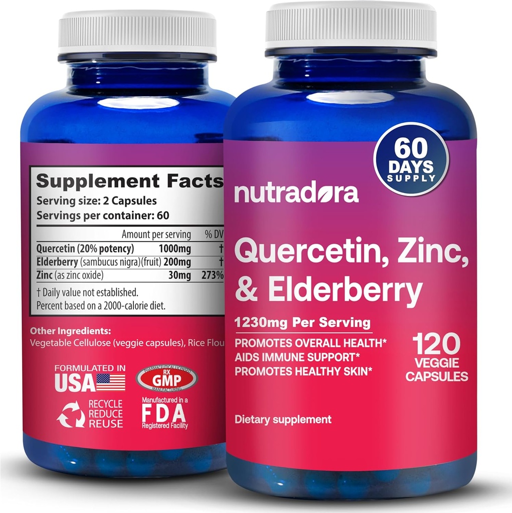 Quercetin 1000mg Gélules Végétiques, Non-OGM, Elderberry Zinc Suppléments Quercetin soutient la santé immunitaire, cardiovasculaire et respiratoire, 120 Gélules (paquet de 1)