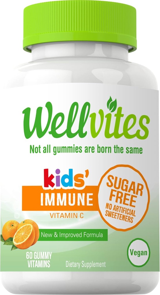Wellvites Sans Sucre Enfants Immune Vitamines Gommy quotidiennes - Vegan, Non-OGM - Gommies Vitamine C pour Enfants Immune Support, Pas d'édulcorants artificiels, Sans gluten, Sans gélatine, 60 Compte (30 jours d'approvisionnement)