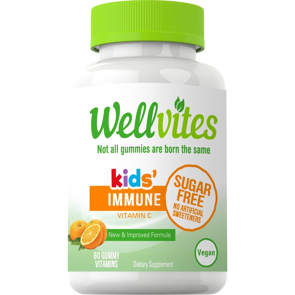 Wellvites Sans Sucre Enfants Immune Vitamines Gommy quotidiennes - Vegan, Non-OGM - Gommies Vitamine C pour Enfants Immune Support, Pas d'édulcorants artificiels, Sans gluten, Sans gélatine, 60 Compte (30 jours d'approvisionnement)