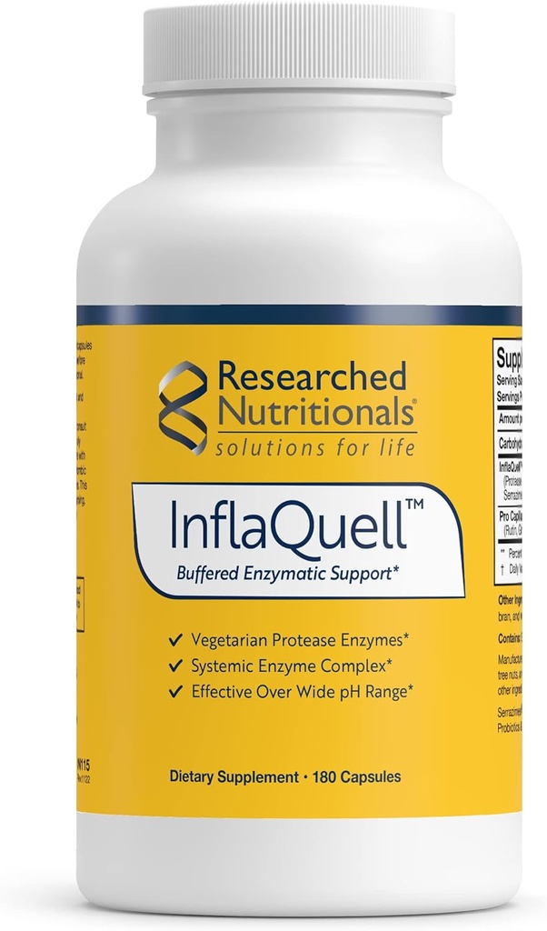 Researched Nutritionals InflaQuell - Vegetarian Proteolytic Enzymes, Ginger & Rutin Supplement for Inflammation Response, Vascular & Respiratory Support (180 Capsules)
