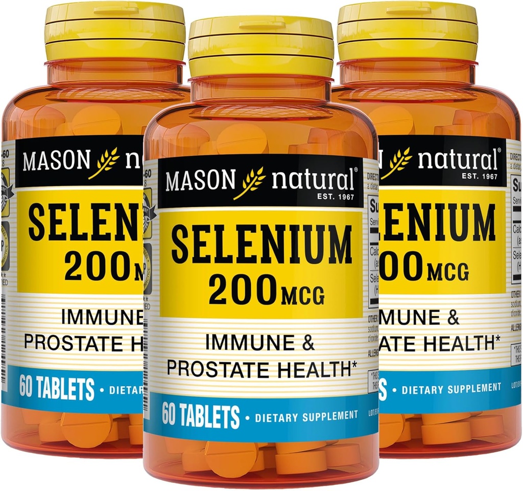 MASON NATURAL Sélénium 200 mcg - Supplément antioxydant pour le soutien immunitaire et la santé de la prostate, Trace Mineral essentiel, 60 comprimés (paquet de 3)