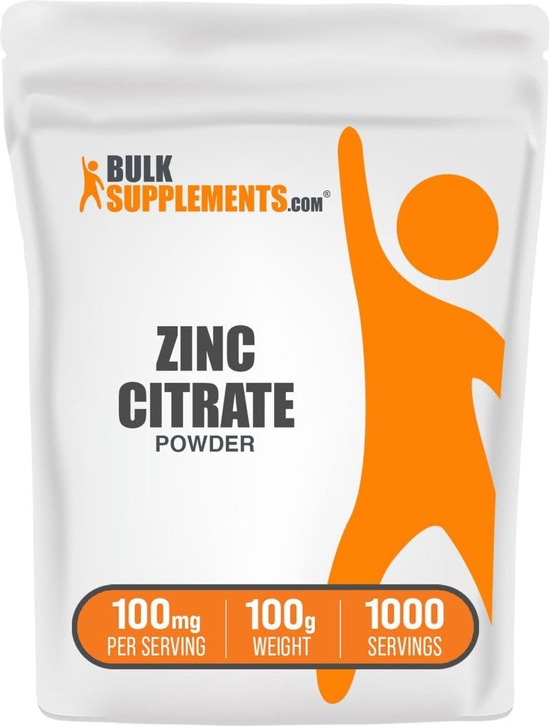 BulkSupplements.com Poudre de citrate de zinc - Suppléments de zinc, supplément minéral, pour support immunitaire - sans gluten, 100mg par portion, 100g (3.5 oz) (paquet de 1)