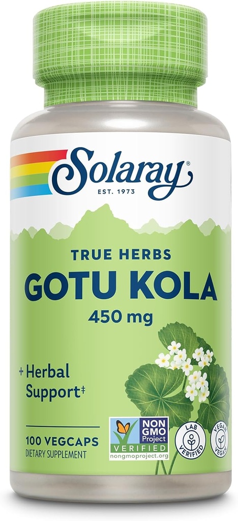 SOLARAY Gotu Kola 450mg - Suppléments à base de plantes Centella Asiatica - Gotu Kola Capsules faites avec l'aérien entier pour le soutien puissant du bien-être - Vegan, non-OGM, laboratoire vérifié, garantie de 60 jours, 100 portions