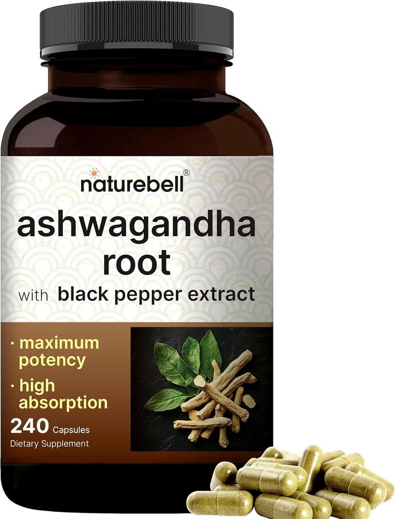NatureBell Ashwagandha au poivre noir, 240 capsules Complexe d'absorption élevée – Extra-résistance extrait de racine – Suppléments Adaptogènes pour la relaxation – Non-OGM