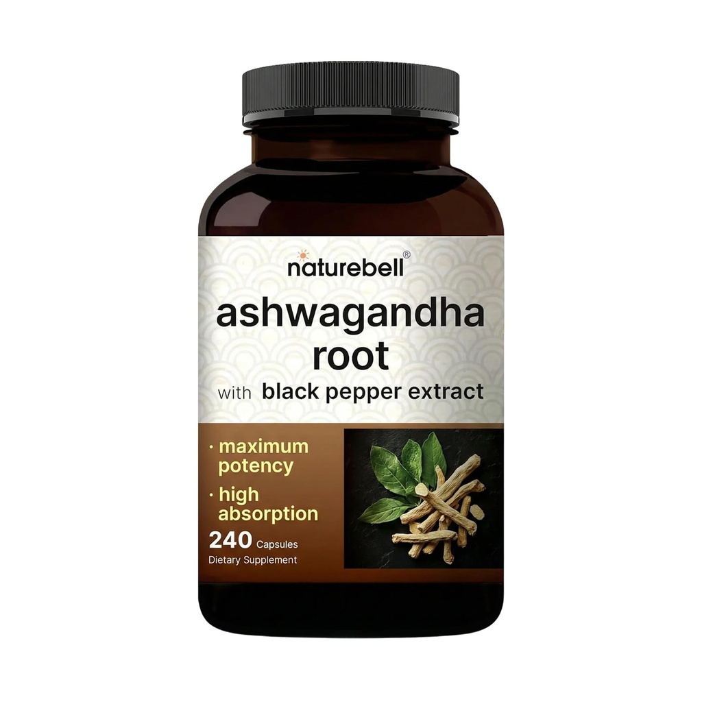 NatureBell Ashwagandha au poivre noir, 240 capsules Complexe d'absorption élevée – Extra-résistance extrait de racine – Suppléments Adaptogènes pour la relaxation – Non-OGM