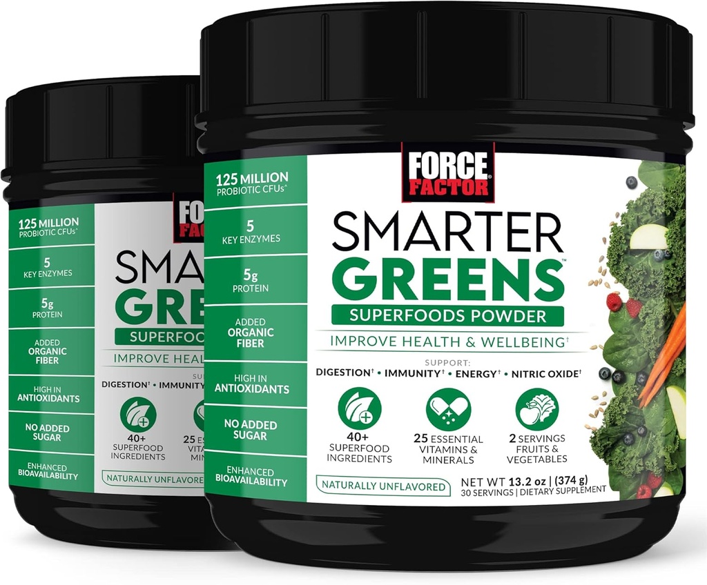 FACTEUR DE FORCE Plus Smarter Greens Superfoods Poudre, 2-paquets, soutient la digestion et le gonflement, l'immunité et l'énergie, poudre de vert avec probiotiques, enzymes digestives, antioxydants et fibre, 60 portions