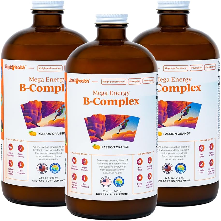 LIQUIDHEALTH Mega énergie Méthylated B-Complex, supplément de vitamine liquide adulte - Augmenter l'énergie, soulager le stress et la fatigue, le soutien immunitaire, le coeur et la santé de la gueule - Fabriqué aux États-Unis, végétalien, sans sucre (3 pack)