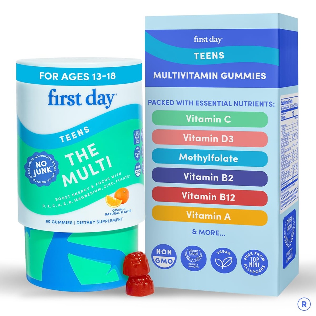 FIRST DAY Vitamins for Teens - Teen Multi Vitamins for Girls & Boys 12-17, Organic Fruit & Veggie Blend - 12 Key Nutrients: Vitamins A, B1, B2, B6, B9, B12, C, D3, E, K2-30 Day Supply