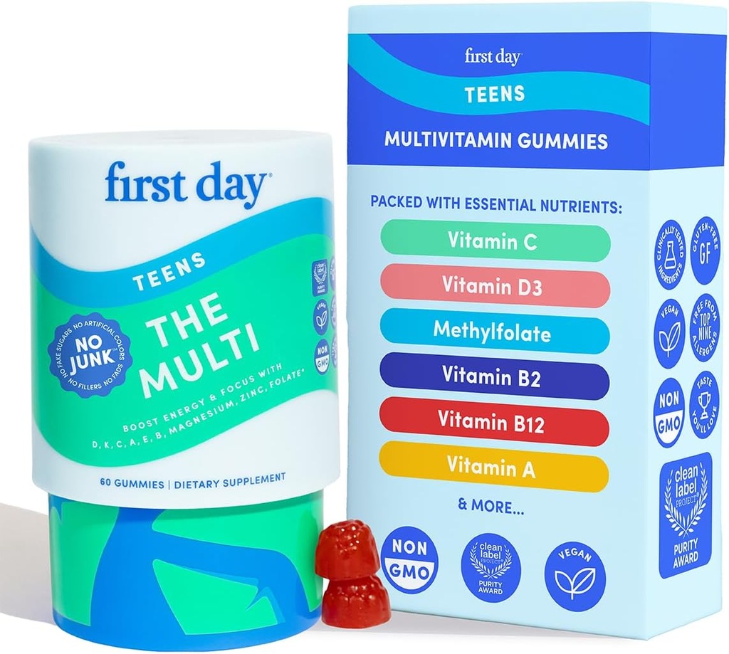 Vitamines du premier jour pour les adolescents - Vitamines multiples pour les adolescentes et les garçons 12-17, Mélange de fruits biologiques et de légumes - 12 nutriments clés : Vitamines A, B1, B2, B6, B9, B12, C, D3, E, K2-30 Approvisionnement quotidien