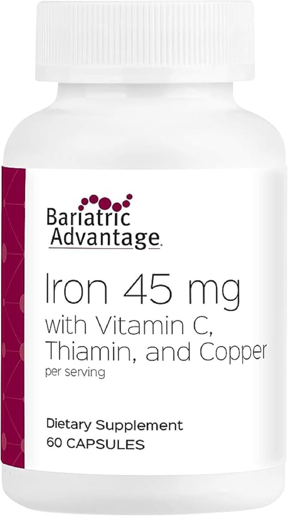 Avantage bariatrique Fer 45 mg avec vitamine C, thiamine et cuivre pour l'absorption et l'utilisation accrues, facilement digestible pour le pont gastrique et la gastrectomie des manches