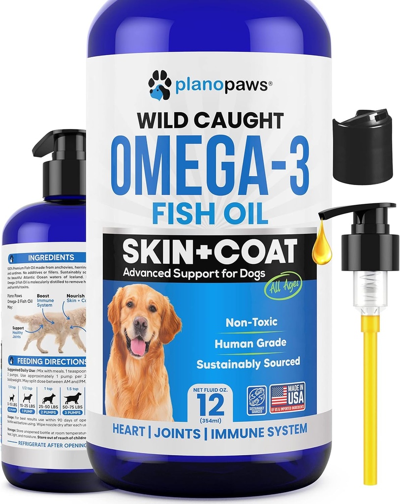 Omega 3 Huile de poisson pour chiens - Meilleur que l'huile de saumon - Supplément d'huile de poisson pour chiens pour réduire le défrichement et les démangeaisons - Soutient la santé des articulations, du cerveau et du coeur - Supplément de peau et de manteau - Huile de poisson liquide