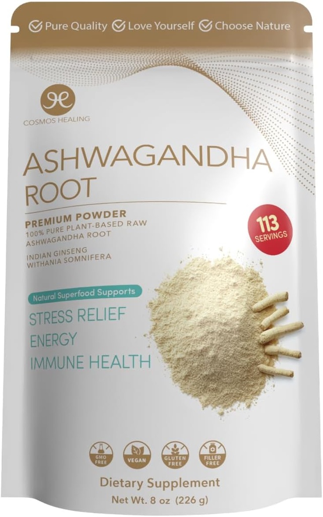 Poudre de racine Ashwagandha : Adaptogène biologique : 8 oz (113 portions) : 2 grammes par portion : support du stress ayurvédique et booster l'énergie.