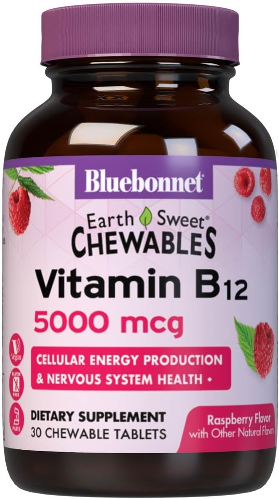 Bluebonnet Nutrition Terre Vitamine sucrée B12 5000 mcg Comprimés à croquer, sans soja, sans gluten, certifié Casher, sans lait, végétalien, aromatisé aux framboises, 30 comprimés à croquer, 30 portions