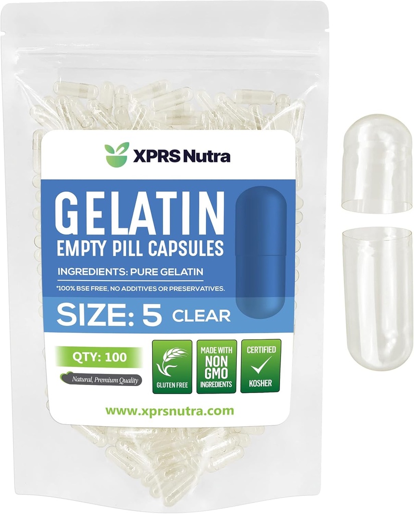 XPRS Nutra Taille 5 Capsules vides - 100 Compte clair Capsules de gélatine vides très petites - Pills Bricolage Capsule Remplissage - Gel de pilules rechargeables Caps pour Do-It-Youlf suppléments de vitamine