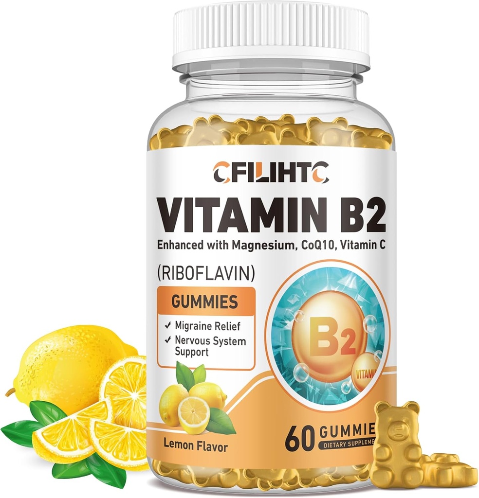 Vitamine B2 Gummies Riboflavine 400mg Supplément pour les enfants et les adultes - Glycinat de magnésium, zinc, coQ10, vitamine B12 - migraine de soulagement et d'énergie, support du système nerveux, goût de citron sans sucre, 60ct