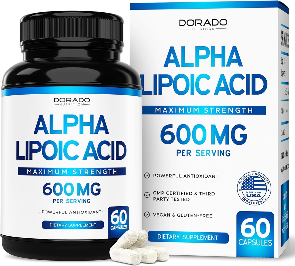Acide alpha lipoïque 600mg par portion 60 Capsules - Potent Antioxydant pour la neuropathie et la santé cardiovasculaire (Supplément ALA) - Tiers testés, non OGM, sans gluten, végétaliens et américains fabriqués