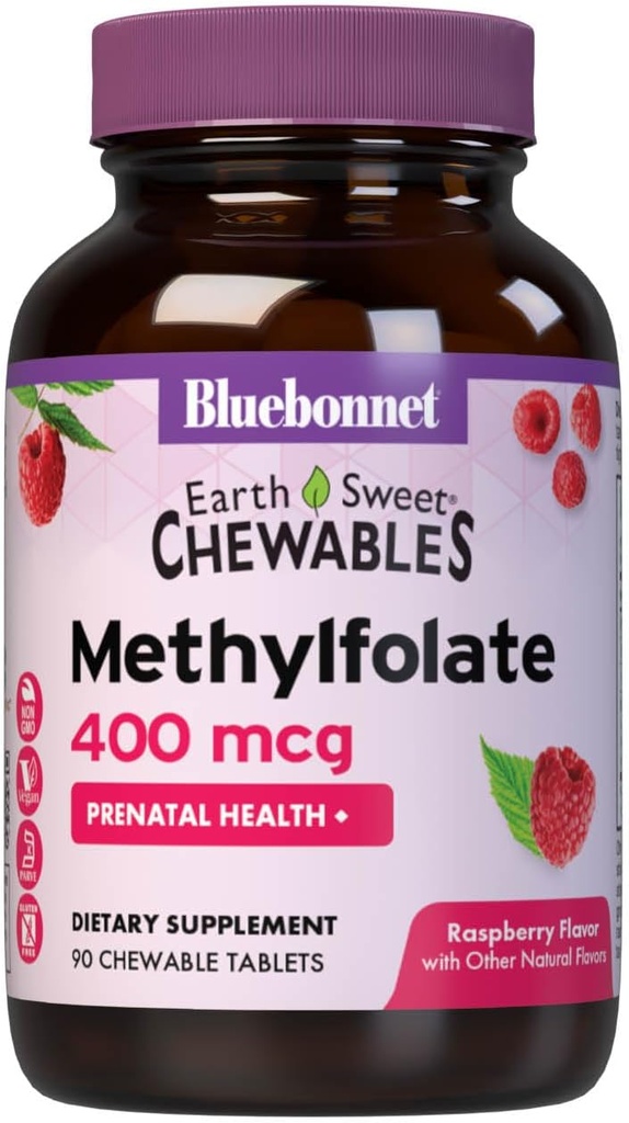 Bluebonnet EarthSweet Methylfolate 400 mcg Coenzyme active cellulaire 5-MTHF L - Supplément de folate de méthyle - Soutien prénatal et énergétique* - Non-OGM, végétalien, sans gluten - Framboise - 90 comprimés à croquer