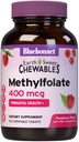 Bluebonnet EarthSweet Methylfolate 400 mcg Coenzyme active cellulaire 5-MTHF L - Supplément de folate de méthyle - Soutien prénatal et énergétique* - Non-OGM, végétalien, sans gluten - Framboise - 90 comprimés à croquer