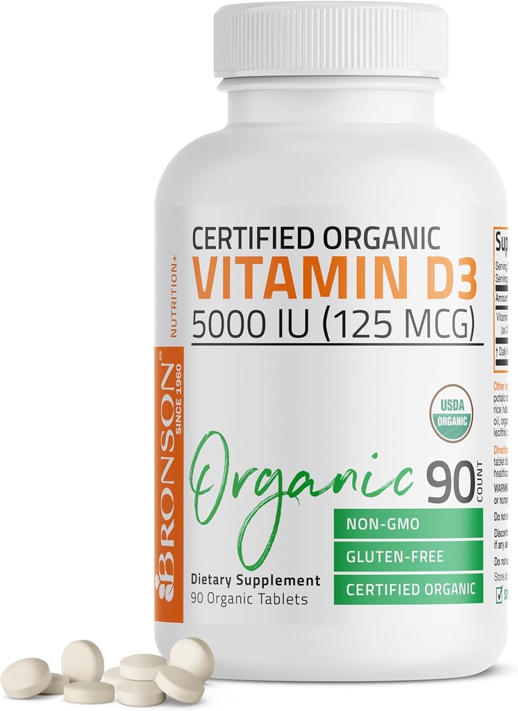 Bronson Vitamine D3 5000 UI Certifié Vitamine D biologique Supplément, non-OGM, certifié USDA, 90 comprimés