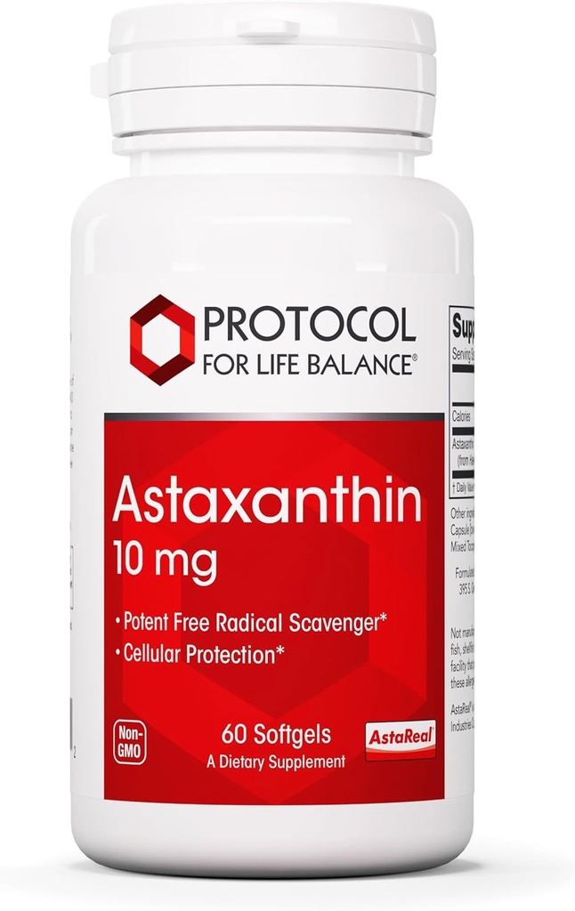 Protocole Astaxanthine 10mg Softgels - soutient la santé cellulaire* - Suppléments d'astaxanthine caroténoïde - Sans OGM et sans produits laitiers - 60 Softgels