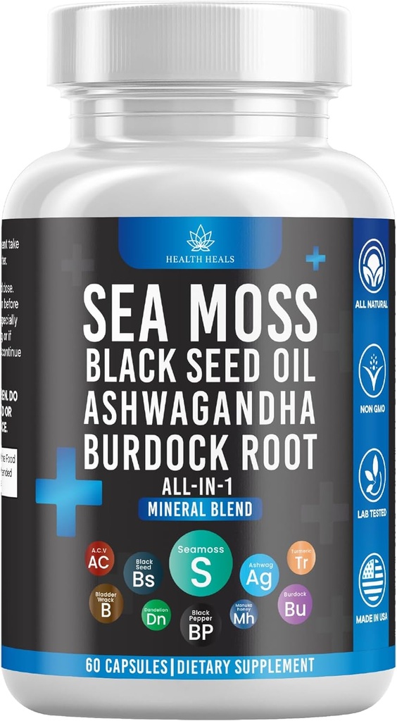 Silicon Sea Moss Huile de graines noires Ashwagandha Bladderwrack Burdock - 60 Compte