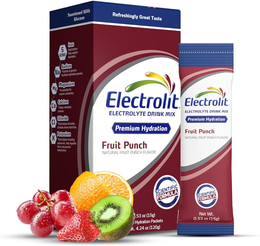 Electrolytes électrolits Packs en poudre, Fruit Punch 8 Pack, Packs d'hydratation en poudre pour la déshydratation et la réhydratation, Mélange de boissons hydratantes aromatisées après l'entraînement, Sticks journaliers sans gluten