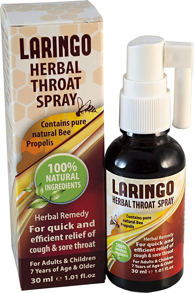 Spray de gorge Laringo - Contient pur 99 % Extrait de propolis d'abeilles crue - Remède de gorge 100% naturelle pour adultes et enfants - Sans gluten, sans soulagement rapide. Casher - 1 FL Oz