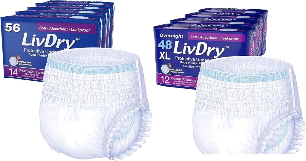 LivDry Adult Incontinence Underwear, Extra Absorbency with Overnight Comfort Bundle - Extra Large, Case
