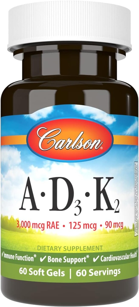 Carlson - Vitamines A, D3, K2, 3000 mcg RAE Vitamine A, 125 mcg Vitamine D3, 90 mcg Vitamine K2 en MK-7, Bâtiment des os, Utilisation du calcium, 60 gels doux