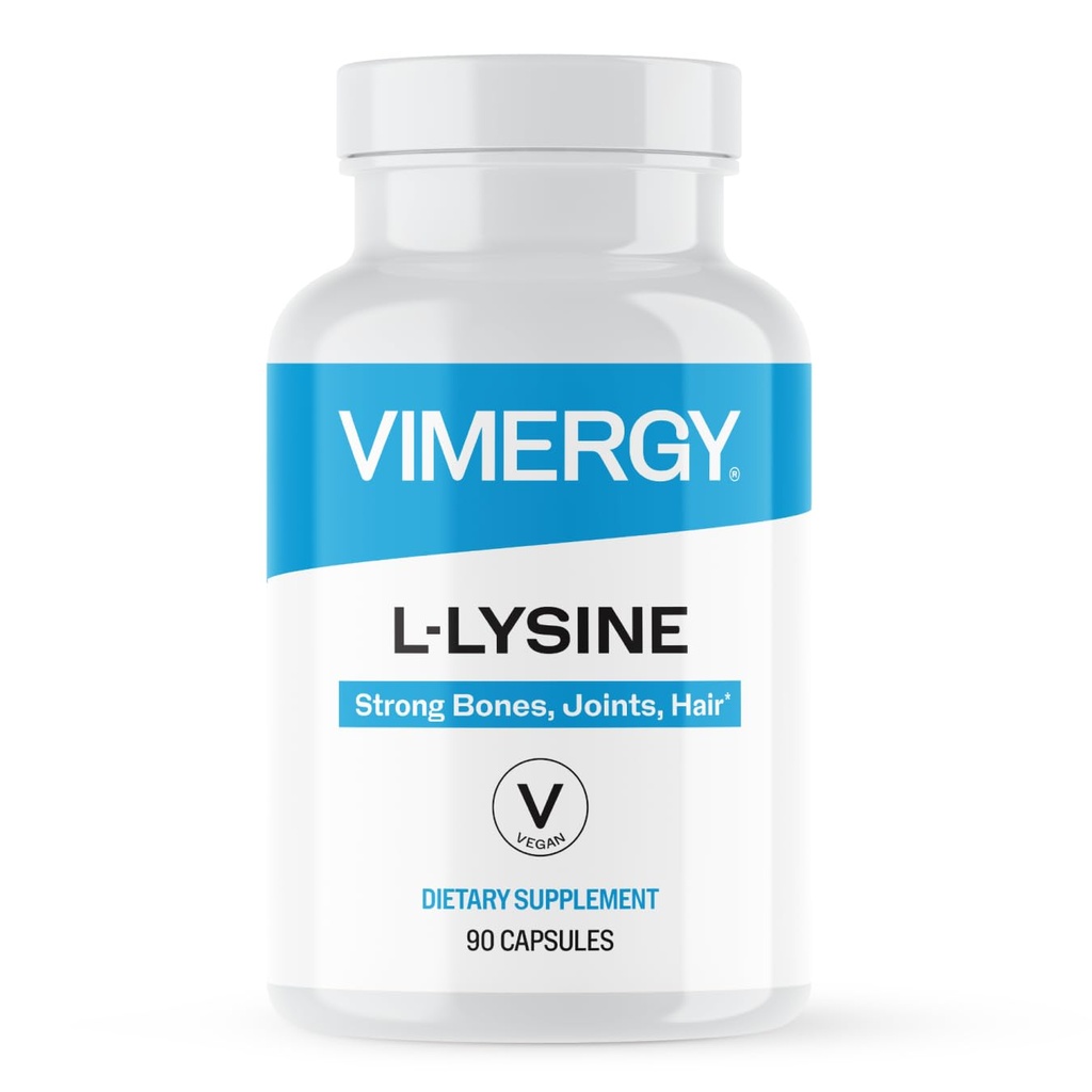 Vimergy L-Lysine – favorise la santé de la peau, des cheveux et des ongles* – soutient le métabolisme sain* – végétalien, non-OGM et sans gluten – 90 capsules