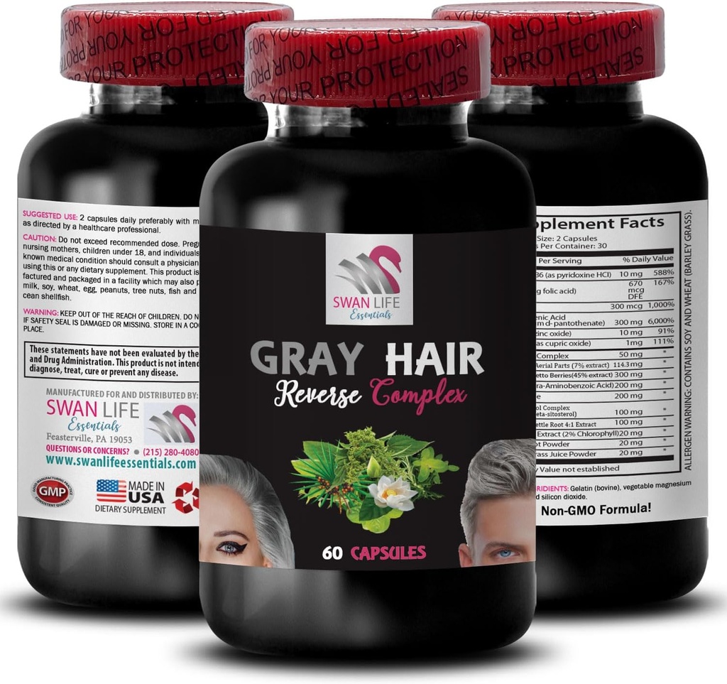 Biotine, couleur dynamique - GRAY HAIR REVERSE - aspect des cheveux renouvelés, lueur des cheveux, vigueur fraîche, re-energizer de couleur, cheveux luxuriants, éclat radieux, étincelles de cheveux, formule revitalisante 1 bouteille 60 Capsules