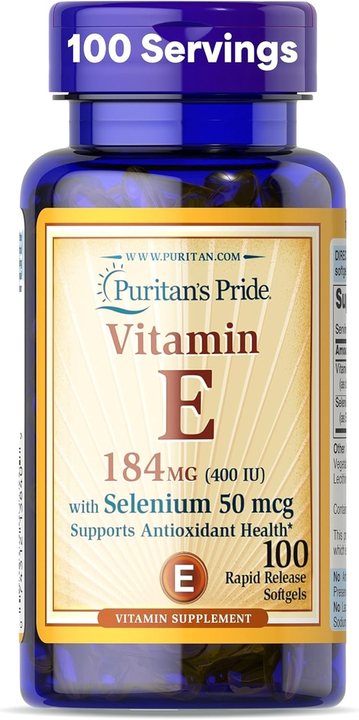 Pride de Puritan vitamine E 184mg (400 UI) avec sélénium 50mcg, supplément de vitamine pour le système immunitaire et le soutien de santé antioxydant, 3 mois d'approvisionnement, 100 softgels à libération rapide