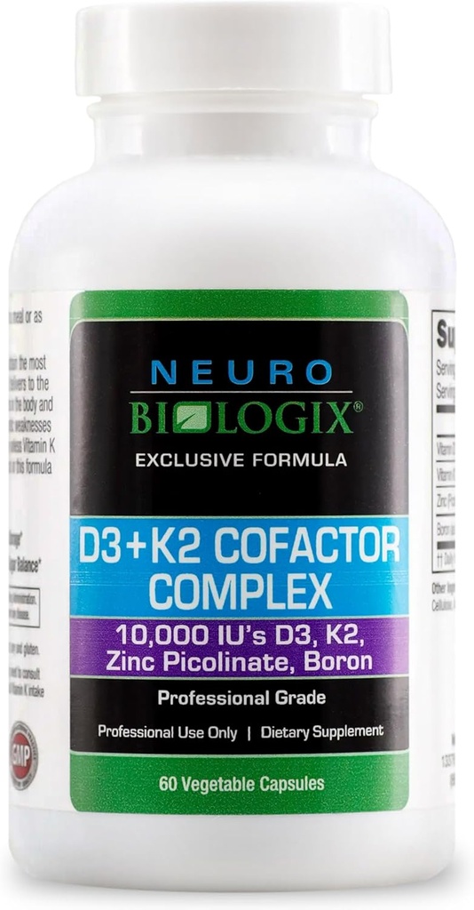 Complexe de cofacteurs D3+K2 - aide à maximiser les avantages de la vitamine D pour le soutien des os, du coeur et des immunes - formulé avec la vitamine D3, K2 (vitaMK7®), Zinc et Boron pour promouvoir une utilisation efficace du calcium – 60 capsules