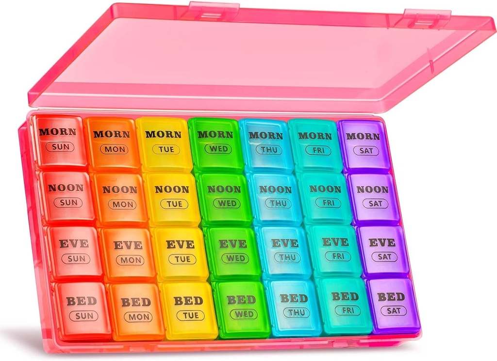 XL Large Weekly Pill Organizer 4 fois par jour, boîte à pilules de 7 jours et organisateur AM PM, grand compartiments cas de pilule, organisateur mensuel de médicaments 28 jours distributeur d'huile de poisson (rouge)