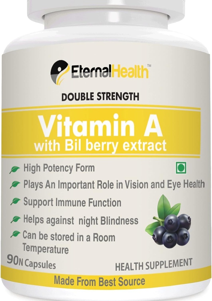 Eterna.l-Santé Vitamine A (double force) avec des extraits de baies de bil et des extraits de palmitate de rétinyl- Forme de puissance élevée - Soutienne une vision et un système immunitaire sains et une croissance saine – 90 capsules de légumes
