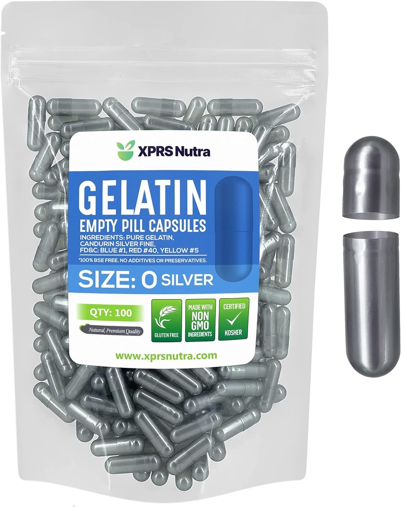 XPRS Nutra Taille 0 Capsules vides - 100 Compte Capsules de gélatine vides - Pills Bricolage Capsule Remplissage - Pure Pilule de Pilule pour Do-It-Youlf Suppléments (Argent)
