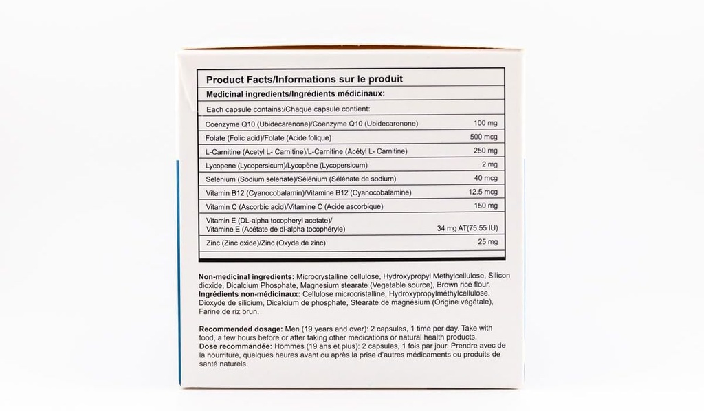 Un supplément naturel de soutien de la fertilité masculine avec CO-Q10, L-Carnitine et vitamine E, 60 capsules