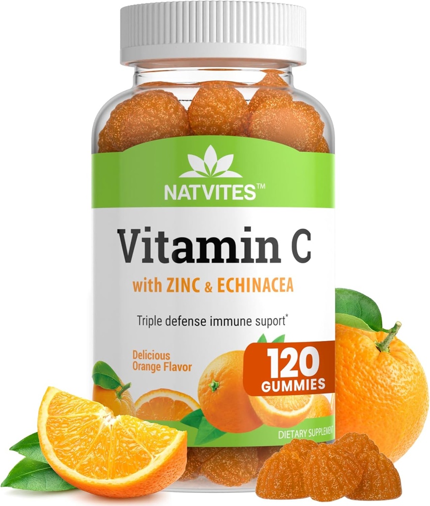 Vitamines C et Zinc Gommies pour adultes avec Echinacea et Rose Hips – Vitamines Gommy aromatisées orange pour les femmes et les hommes – Supplément de soutien immunitaire – Sans OGM, végétalien, gluten, noix et laiterie (120 Nombre)