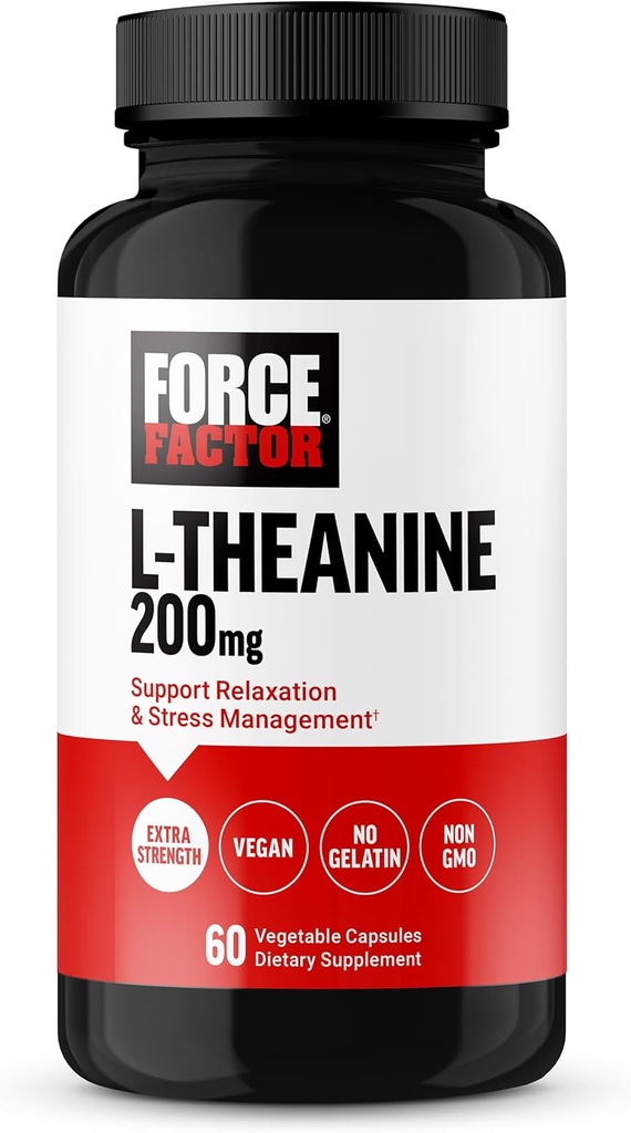 FORCE FACTOR L Theanine, supplément extra-fort L-Theanine pour le soulagement du stress, et pour soutenir le calme et la relaxation, L Theanine 200mg Capsules, végétalien, non-OGM, sans gélatine, 60 Capsules végétales
