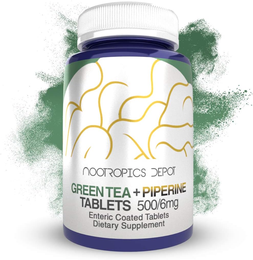 Nootropics Depot Green Tea Extract Tablets | 60 Count | 500mg | Minimum 45% EGCG + 6mg Piperine | Enteric Coated