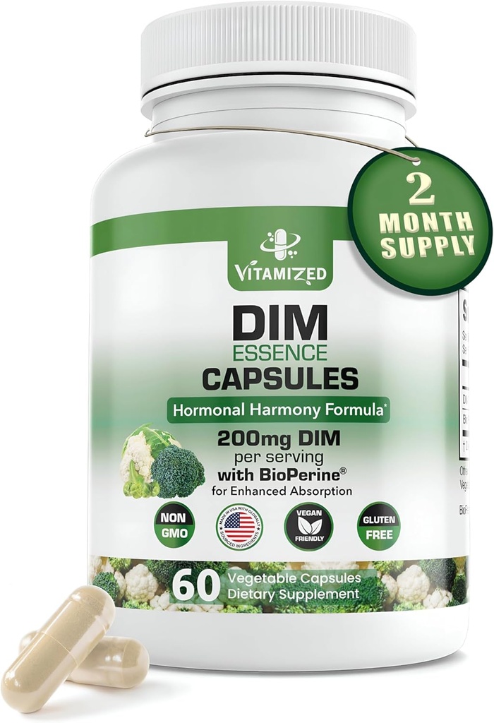 Dim supplément estrogène pour l'harmonie hormonale et la santé de la peau, 2 mois d'approvisionnement - 200 mg de diindolylméthane pour l'équilibre métabolique, la ménopause, le soutien de l'humeur w Biopérine pour une absorption plus élevée